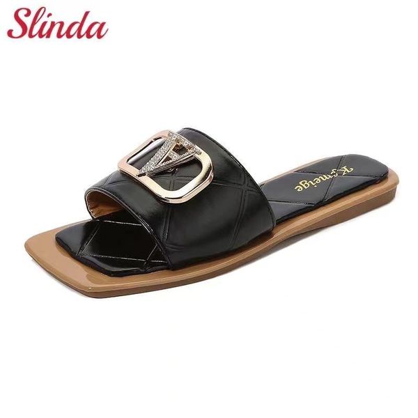 

slippers square toe metal women 2021 european and american fashion casual flat sandals daily wear, Black