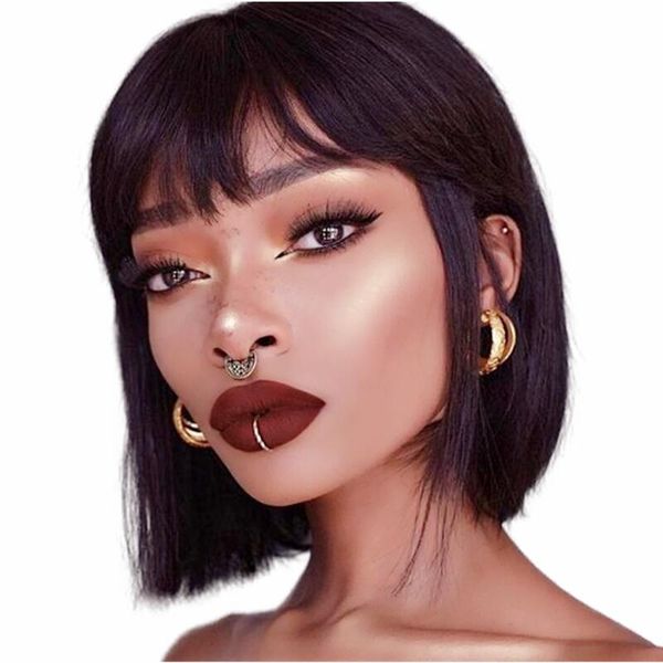 

short bob straight human hair wigs for black women pre-plucked brazilian full machine made lace wig, Black;brown