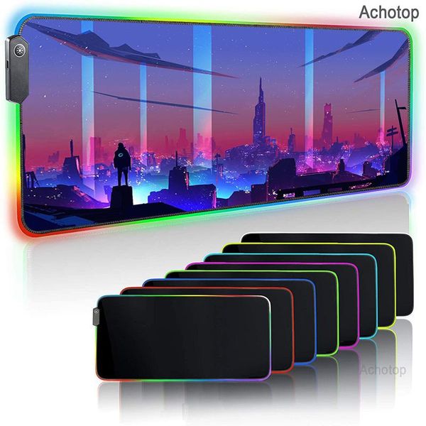 

mouse pads & wrist rests neon night city rgb pad gaming accessories computer mat large led mousepad gamer rubber carpet with backlit play de