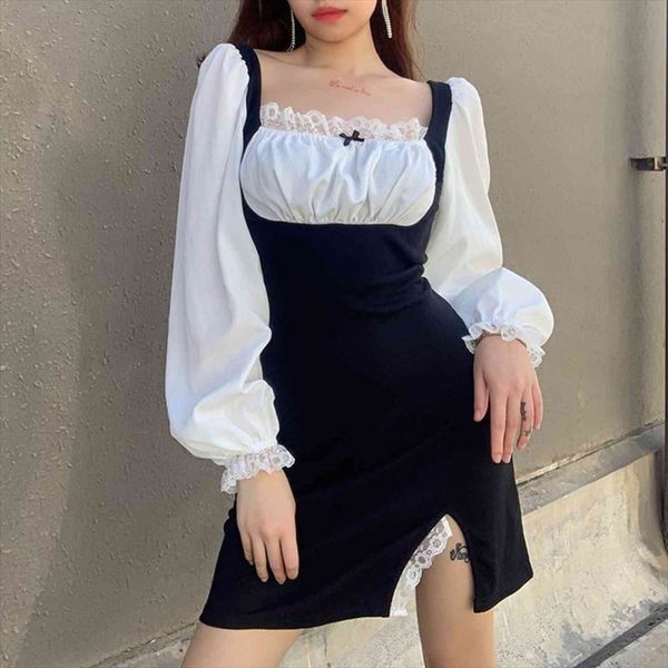 

patchwork bow puff sleeve womens dresses sweet cute square collar lace ruched split ladies korean bodycon elegant, Black;gray