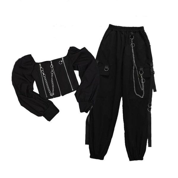 

spring fashion harajuku chain womens pant cargo high waist jeans streetwear femme blue 100% cotton 2 piece, Black;white