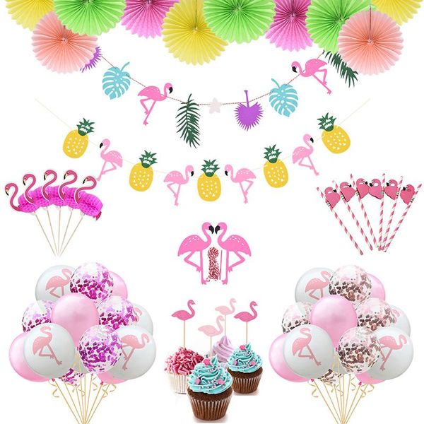 

party decoration hawaiian flamingo paper banner latex balloon cake er summer birthday supplies