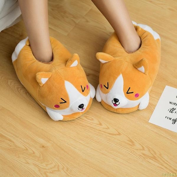 

slippers koi dog cartoon cute double shiba inu warm plush keji home slip cotton pad shoes, Black