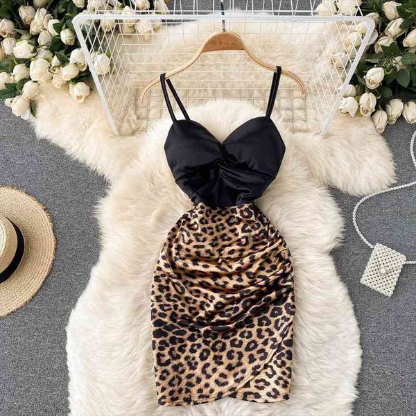 

v-neck spaghetti strap night womens dresses out club mini open back sleeveless twist front high waist leopard print party, Black;gray