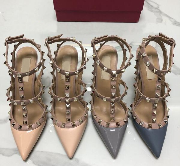 

sandals brand v two-straps genuine leather rivets pointed high heels strap stiletto heel women sandals eu35-43 with dust bags, Black