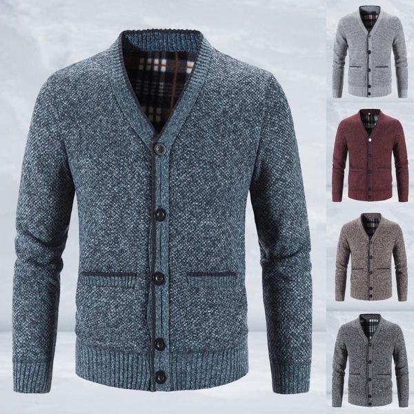 

men's sweaters men knitted coat solid color v neck autumn winter thicken plush warm cardigan sweater for daily wear, White;black