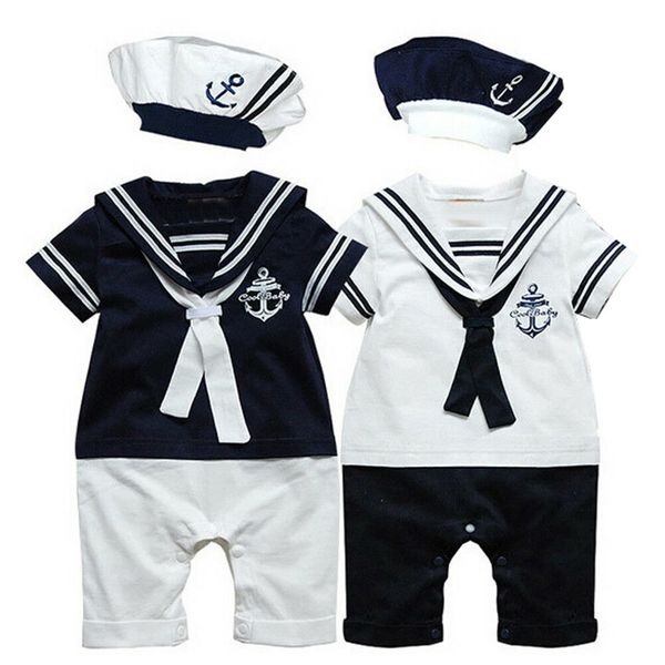 

2pcs for newborn toddler baby boy sailor suit romper with hat playsuit clothes set, White