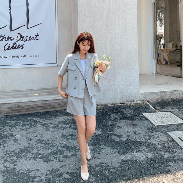 

summer ol casual women's shorts sets korean clothing solid color thin short-sleeved blazer two-piece suit set female 210514, White