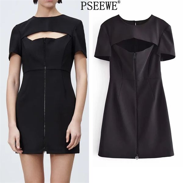 Black Cut out zip mini vestido mulher verão moda manga curta elegante vestidos mulheres vestidos de escritório 210519