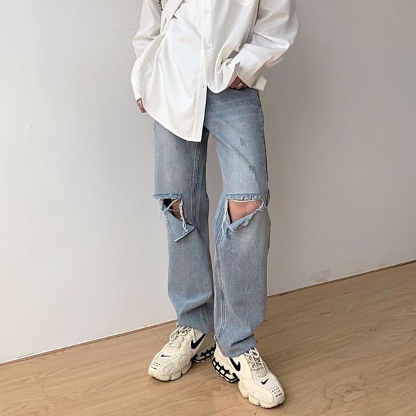 

men's jeans ribbon hip hop cargo pants men streetwear baggy straight women boyfriend wild leg fashion trousers denim, Blue