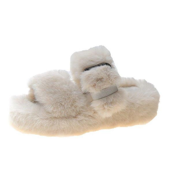 

fluffy women's sandals outdoor plush fur women house slippers with rubber soles non-slip indoor for home use, Black