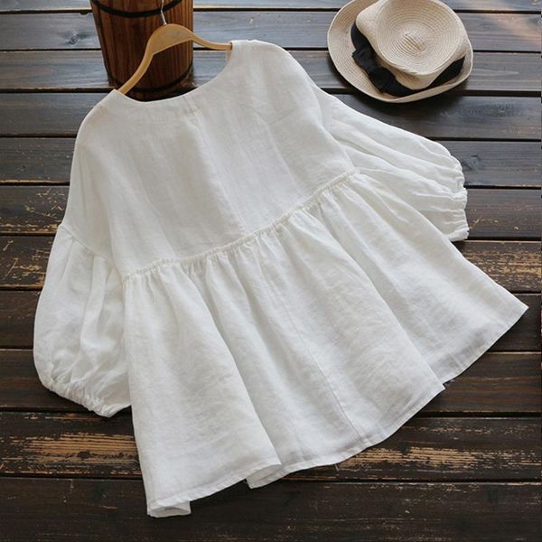 

fashion summer tunic for women 2021 vintage casual female 3/4 puff long sleeve white linen womans wear blusas shirts women's blouses &