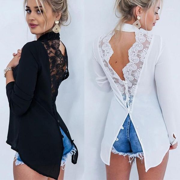 

women's blouses & shirts european and american halter lace stitching lapel long-sleeved irregular chiffon shirt womens, White