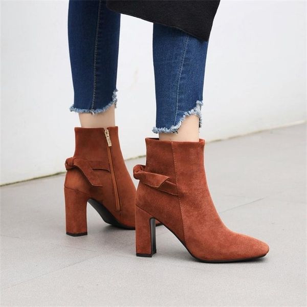 

boots autumn and winter suede heel bow square women's shoes large 31-49, Black