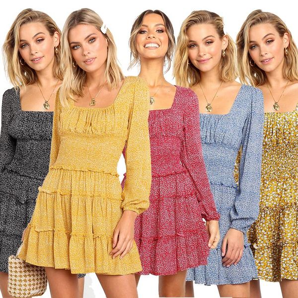 

casual dresses fashion floral printed elegant dress holiday vacation long sleeve square collar high waist mini for ladies sweet wear, Black;gray