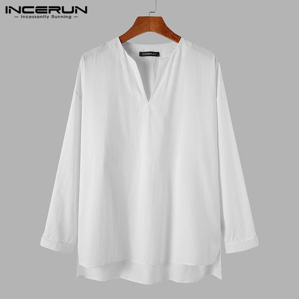 

men shirt v neck 2021 solid color streetwear long sleeve casual blouse vintage clothing spring leisure camisa s-5xl incerun men's shirt, White;black