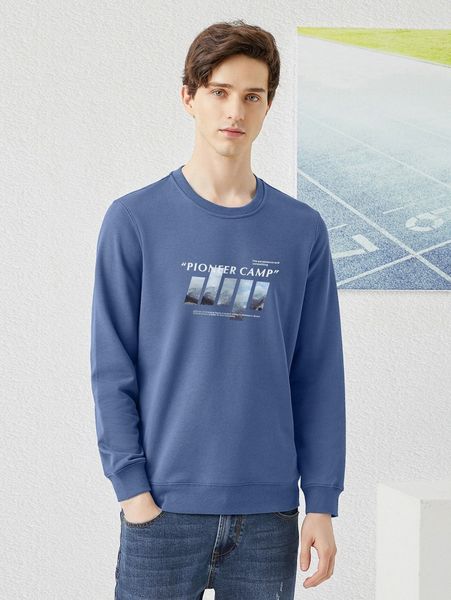 

men drop shoulder slogan & mountain pattern pullover i925#, Black