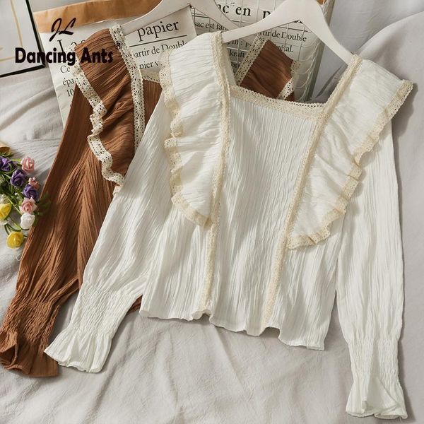 

women patchwork blouse square collar long sleeve ruffles lace winter woman french korean fashion shirts vintage womens women's blouses, White