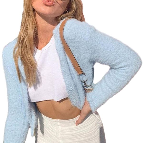 

women t-shirt cardigan button decorated full length regular sleeve round neck solid color short slim fitting fashion 210522, White