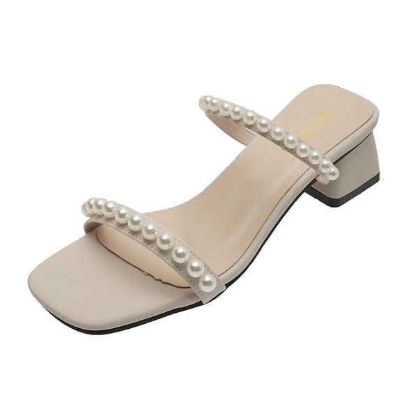 

slippers 2021 fashion little fairy beaded transparent thick heel rubber pu mid-heel cross-border, Black