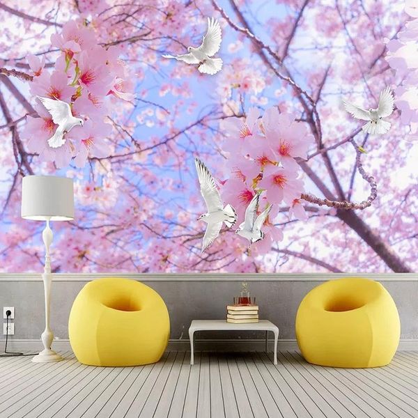 

wallpapers custom 3d self adhesive wallpaper beautiful romantic pink flower white pigeon sky painting living room bedroom home decor murals