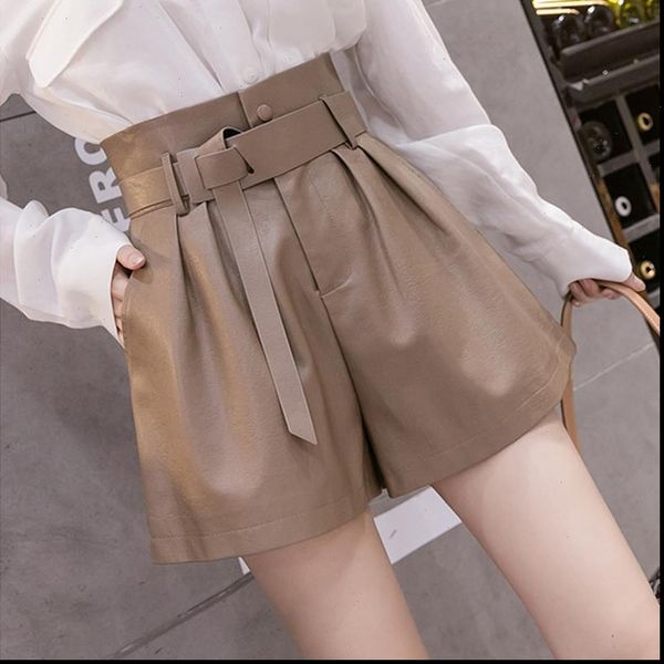 

women short autumn winter black pu faux leather womens sashes high waist wide leg shorts elegant female solid trousers, White;black