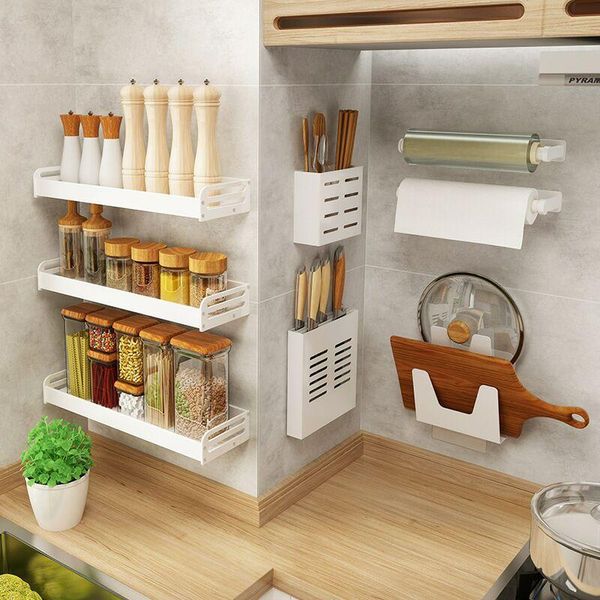 

kitchen simple light luxury wall hanging pendant storage rack stainless steel knife white shelf seasoning & organization