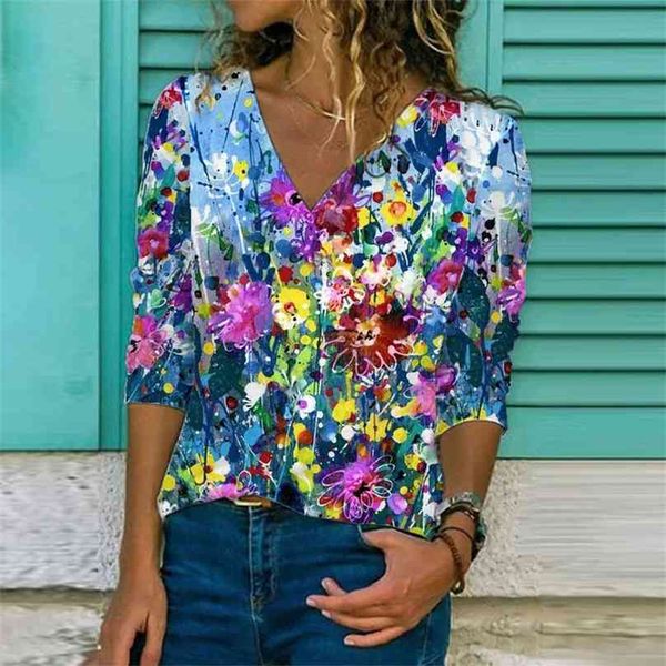 

summer v-neck loose t-shirt short sleeve boho style shirt fashion plus size printed 210720, White