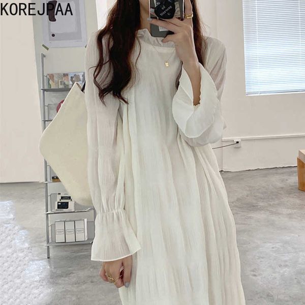 

korejpaa women dress summer korean chic female gentle temperament round neck loose pleated design flared sleeve vestidos 210526, Black;gray