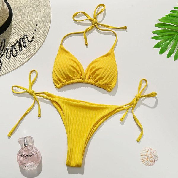 

women's swimwear pure color triangle strap swimsuit 2021 summer fashion split suit ladies bikini beach clothing, White;black