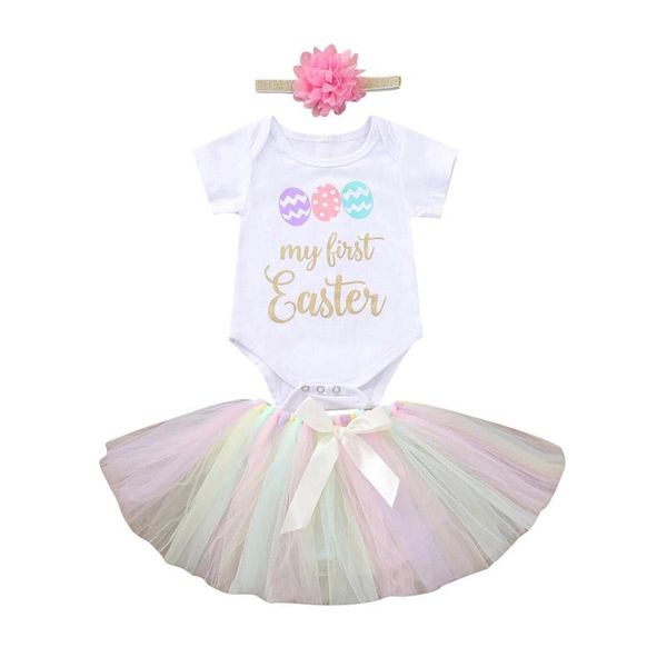 

3pcs infant baby girl summer clothing set short sleeve letter printed romper lace skirt headband 0-24m sets, White