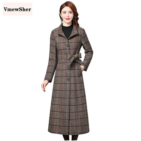

women's wool & blends vmewsher winter woolen coat women plaid houndstooth single breasted slim belt classic long coats 2021 manteau fem, Black