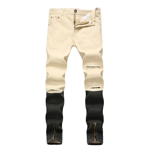 

ripped jeans for men skinny slim fit khaki spring 2021 frayed casualstreetwear hip hop denim pants patchwork men's trousers, Blue