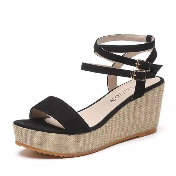 

dress shoes women's summer sandals thick bottom slope heel open toe one line thin belt fashion versatile non slip, Black