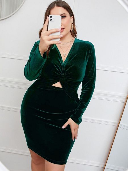 

plus solid twist front velvet dress o9pu#, Black