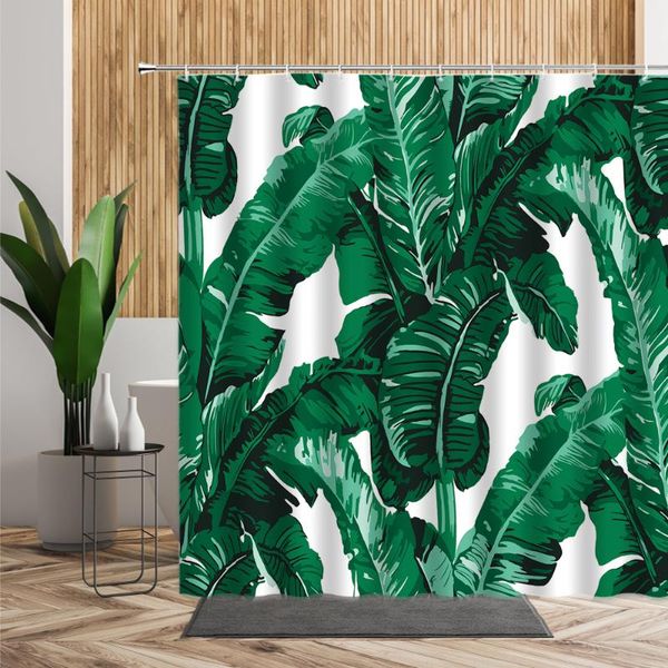 

tropical green leafy plants waterproof shower curtain banana leaf coconut tree bathroom decoration bath curtains with hooks set