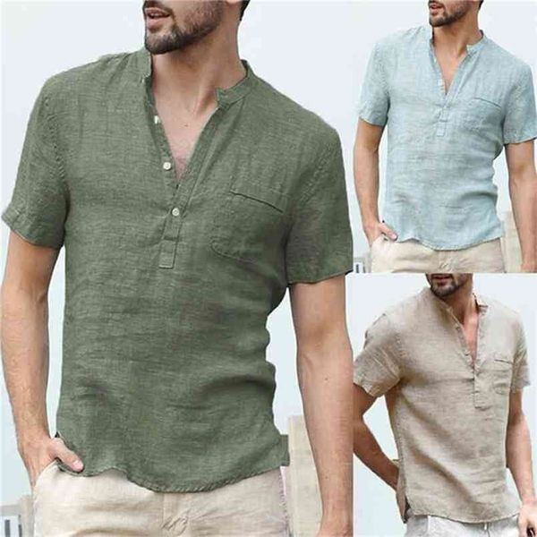 T-shirt da uomo in lino e lino T-shirt casual con scollo a V abbottonata Top basic in cotone a maniche corte slim fit 210716