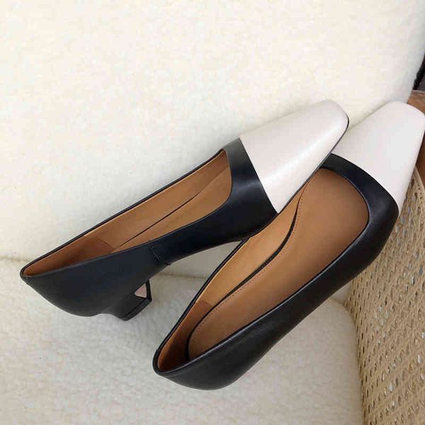 

sandals strained british style office lady simple fashion color matching toe square foot sliding-in moccasins woman heels bjg6, Black
