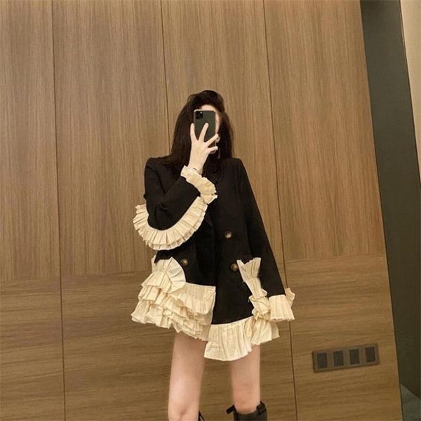 

women's suits & blazers chic ruffled patchwork blazer for women 2021 autumn fashion irregular slim double breasted casual suit jacket f, White;black
