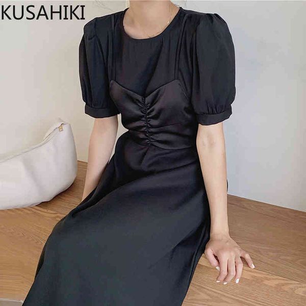 

nomikuma korea chic elegant dresses patchwork puff sleeve o-neck vestidos femme new slim high waist women dress 6f995 210427, Black;gray