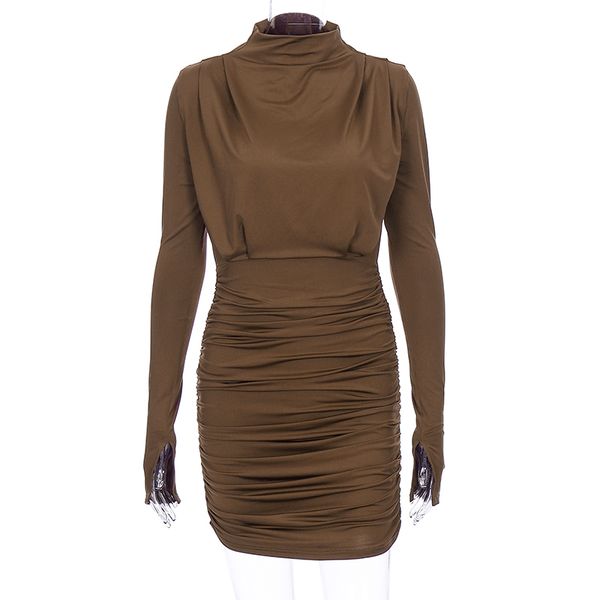 

2021hugcitar 2021 long sleeve ruched pure mini dress autumn winter women streetwear party outfits clubwear, Black;gray