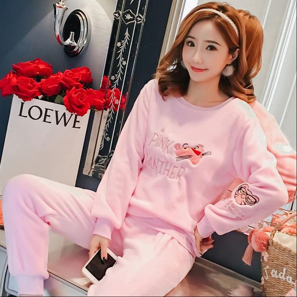 

pijama mujer cartoon printing womens sleepwears warm coral flannel home suit long sleeve autumn winter pajamas, Black;red