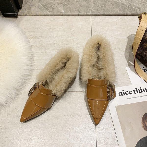 

dress shoes winter fashion trend personality pointed fur low-sense mid-heel warm and velvet women's, Black
