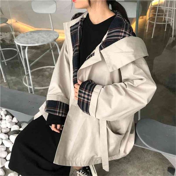 

trench women patchwork hooded harajuku korean style casual zipper bf students trendy coats windbreaker coat 210519, Tan;black