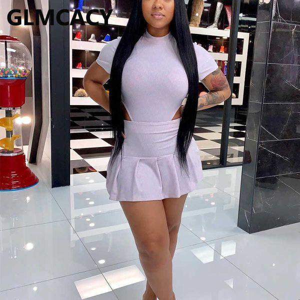 

two piece summer suits short sleeve rompers & pleated mini skirt set 210702, White