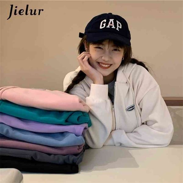 

8 solid colors basic hooded women's sweatshirt velvet thicken zip-up hoodies bf fashion vintage pockets streetwear s- 210426, Black