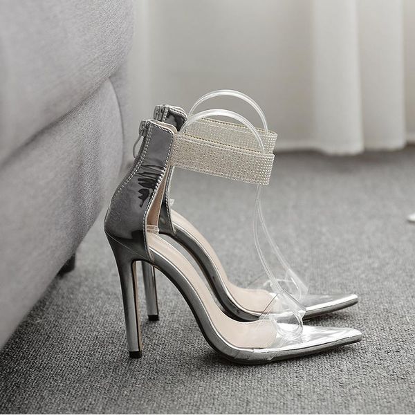 

clear sandals crystal elegant pointed high heels ankle strap women zip ladies woman shoes female thin heel footwear 2021, Black