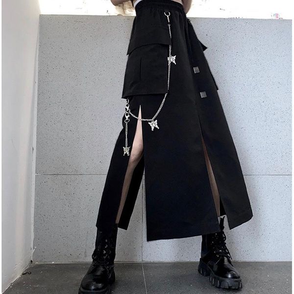 

gothic black retro high slit skirt mid length women's summer street waist punk chain butterfly personalized skirts