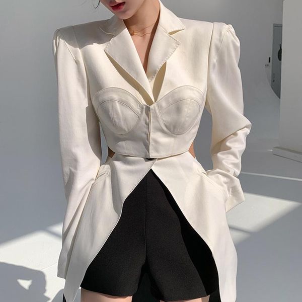 

women's suits & blazers [ewq] white casual blazer women notched long sleeve hollow out korean straight female 2021 autumn coats, White;black