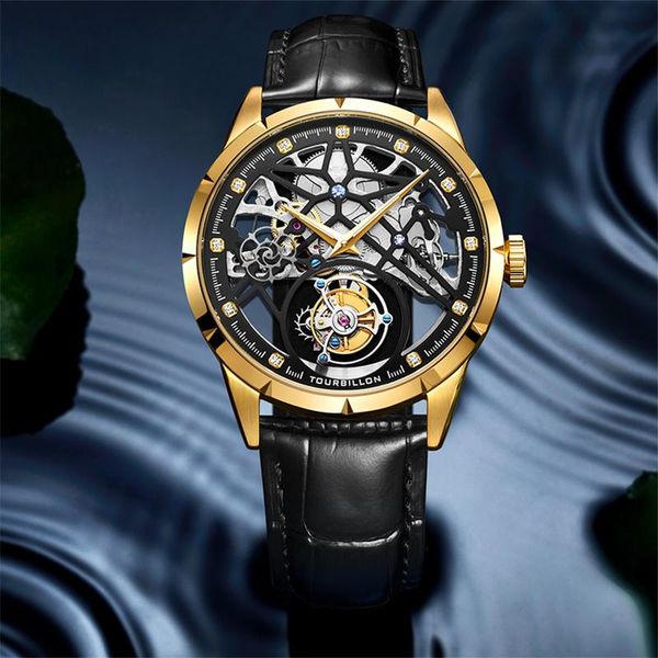 

wristwatches 100% original tourbillon watch mechanical men skeleton sapphire mens watches relogio masculino, Slivery;brown
